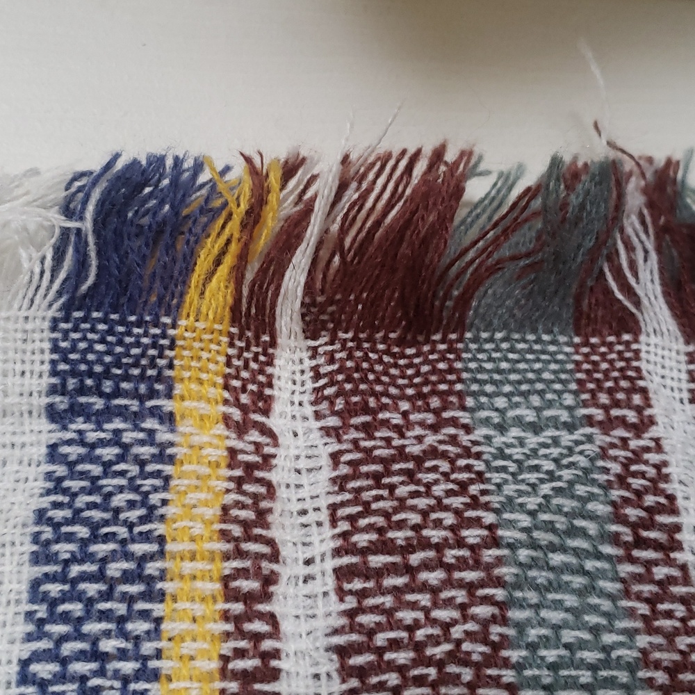 Oversized Plaid Blanket Scarf Square Fringe Cream Brown Green Blue 58x58 Wrap - Picture 10 of 10